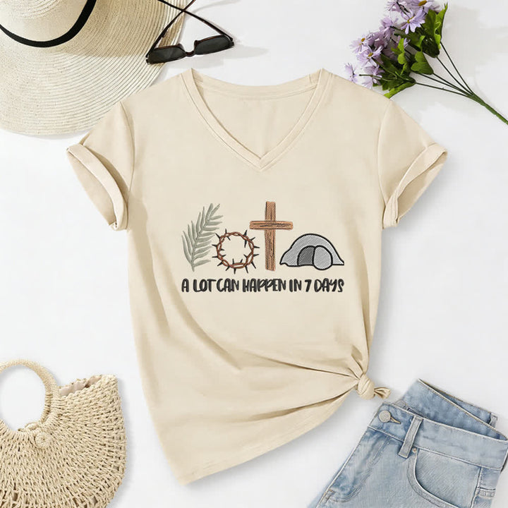 Christianartworkshop Easter Faith A Lot Can Happend In 7 Days Print V-Neck T-shirt - Beige - 2XL - image 6