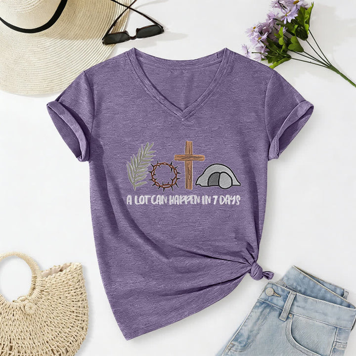 Christianartworkshop Easter Faith A Lot Can Happend In 7 Days Print V-Neck T-shirt - Purple - 2XL - image 24
