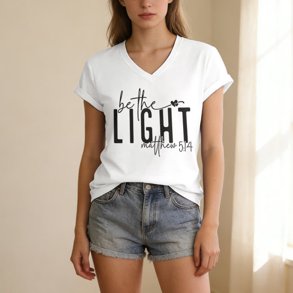 Christianartworkshop Women's Be The Light Faith Print V-Neck T-shirt - image 5
