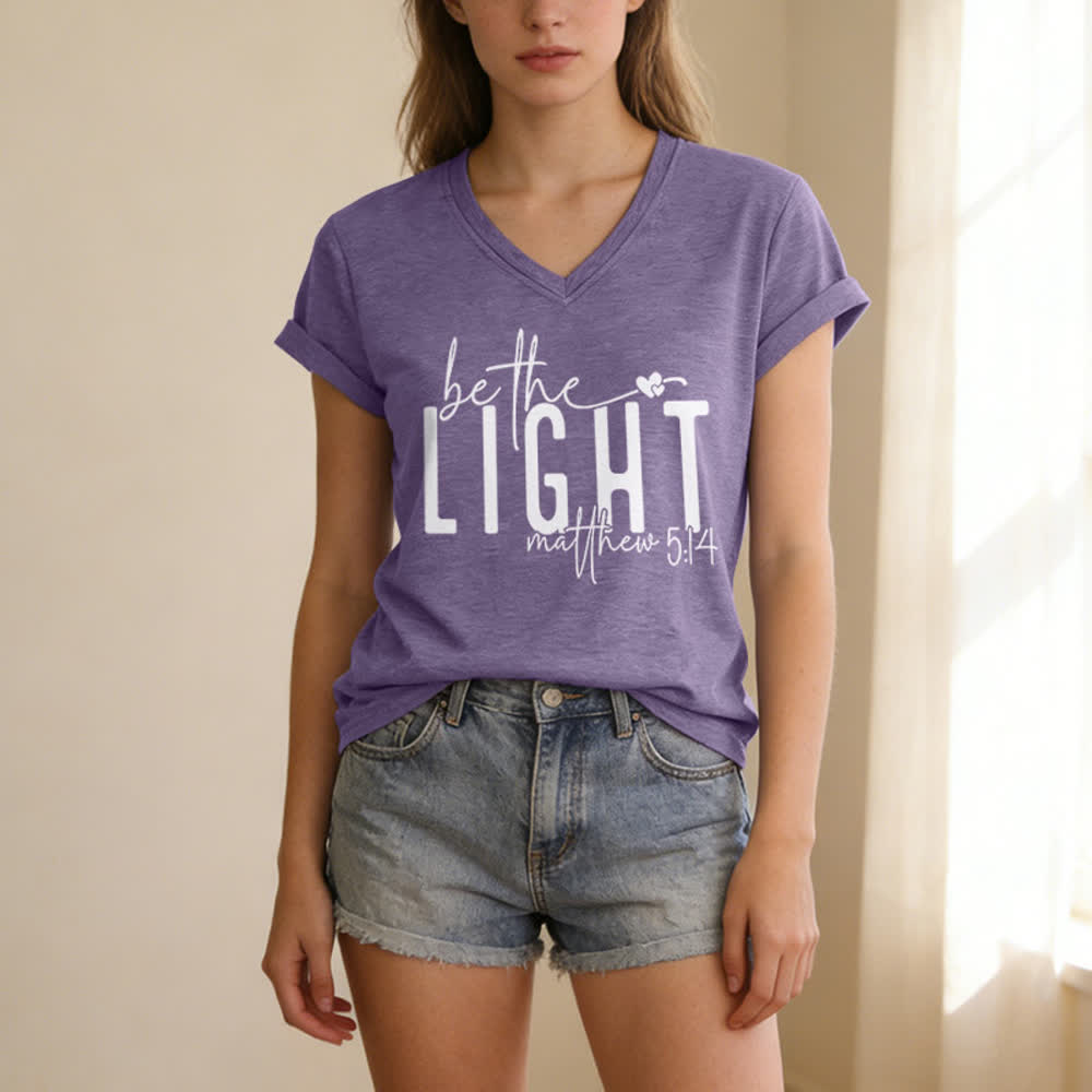 Christianartworkshop Women's Be The Light Faith Print V-Neck T-shirt - image 25