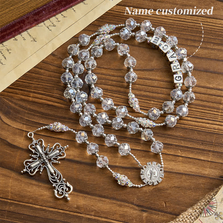 Christianartworkshop Sparkling White St. Benedict Forever Faith Rosary with Custom Name Letters - Name Customized(All in capitals) - image 2