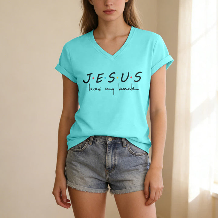 Christianartworkshop Women's Jesus Has My Back Print V-Neck T-shirt - image 17