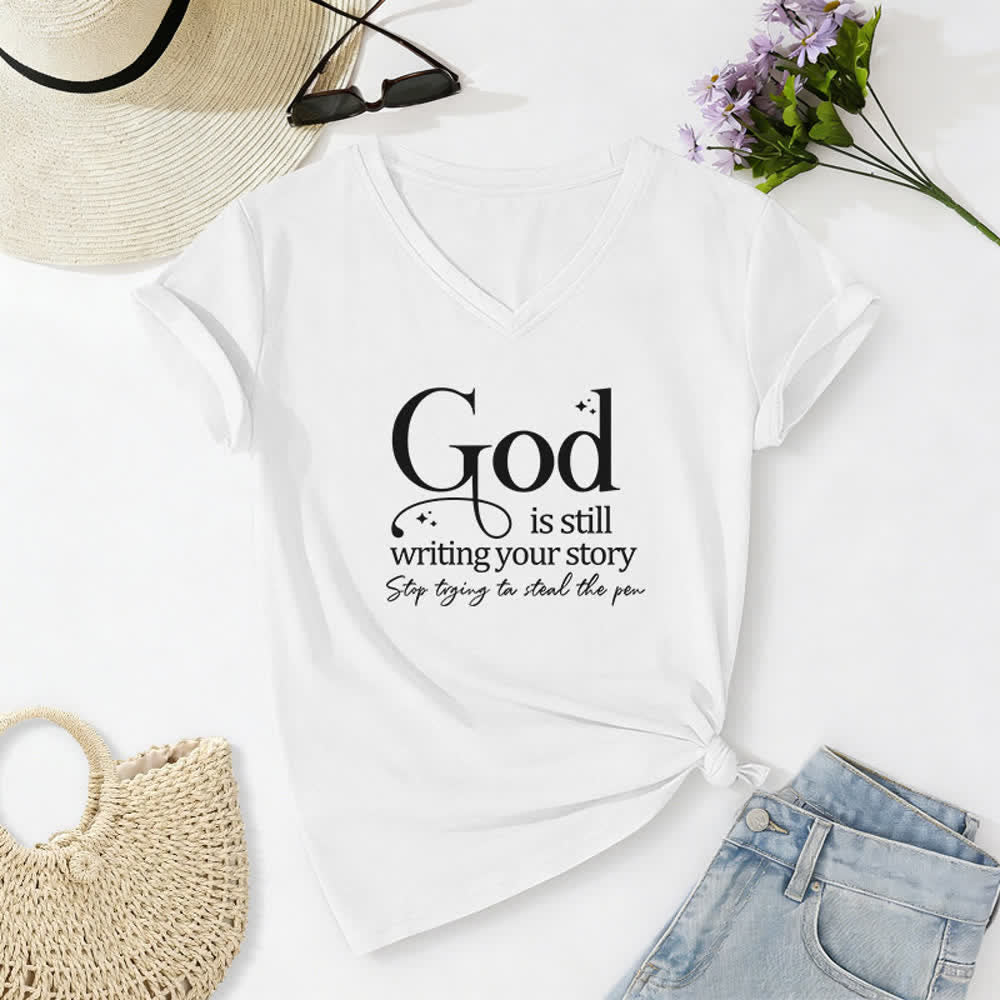 Christianartworkshop Women's God Is Still Writing Your Story Print V-Neck T-shirt - White - 2XL - image 4