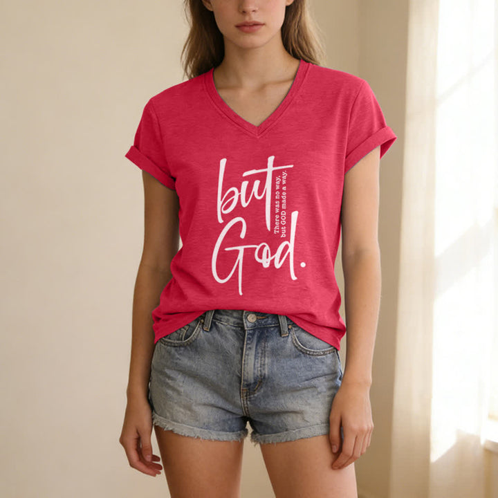 Christianartworkshop Women's Faith Christian But God Bible Verse Print V-Neck T-shirt - image 21
