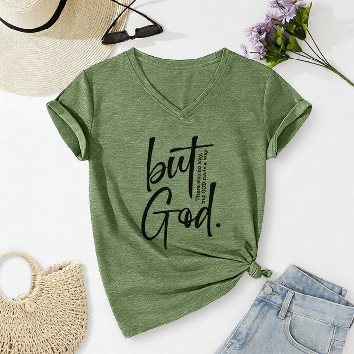 Christianartworkshop Women's Faith Christian But God Bible Verse Print V-Neck T-shirt - Olive Green - 2XL - image 10