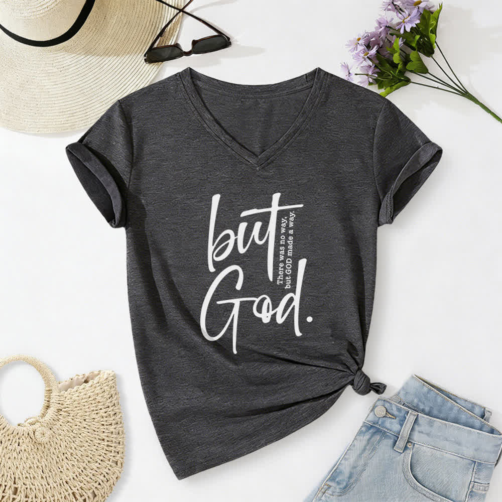 Christianartworkshop Women's Faith Christian But God Bible Verse Print V-Neck T-shirt - Dark Grey - 2XL - image 4