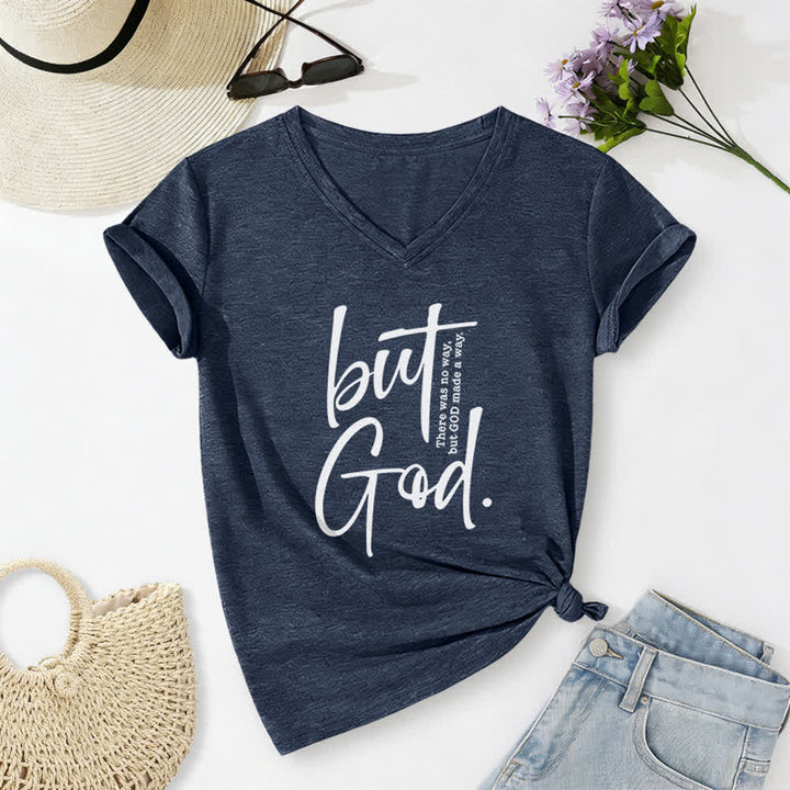 Christianartworkshop Women's Faith Christian But God Bible Verse Print V-Neck T-shirt - Navy Blue - 2XL - image 16