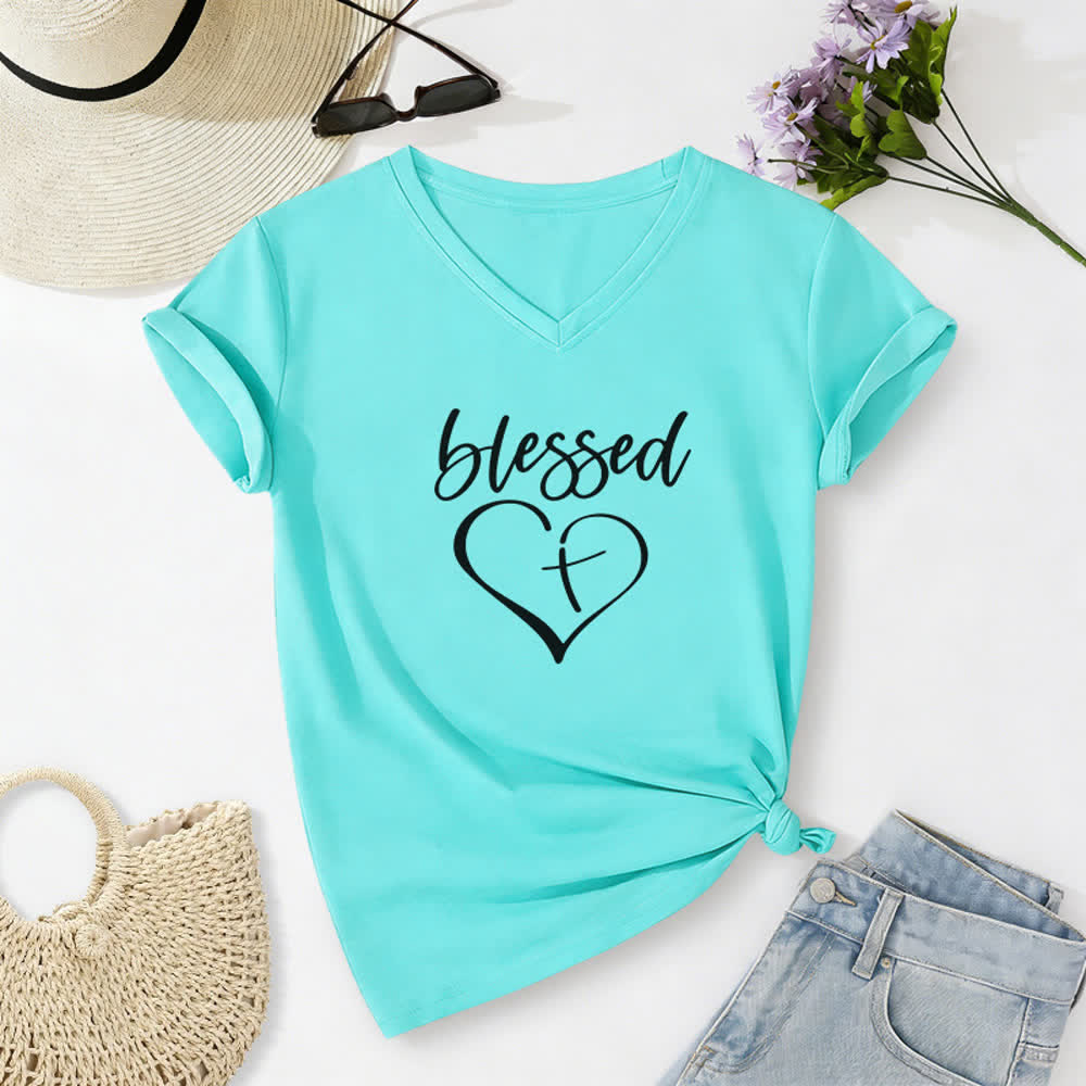 Christianartworkshop Women's Blessed Love Cross Jesus Has My Back Print V-Neck T-shirt - Sky Blue - 2XL - image 14