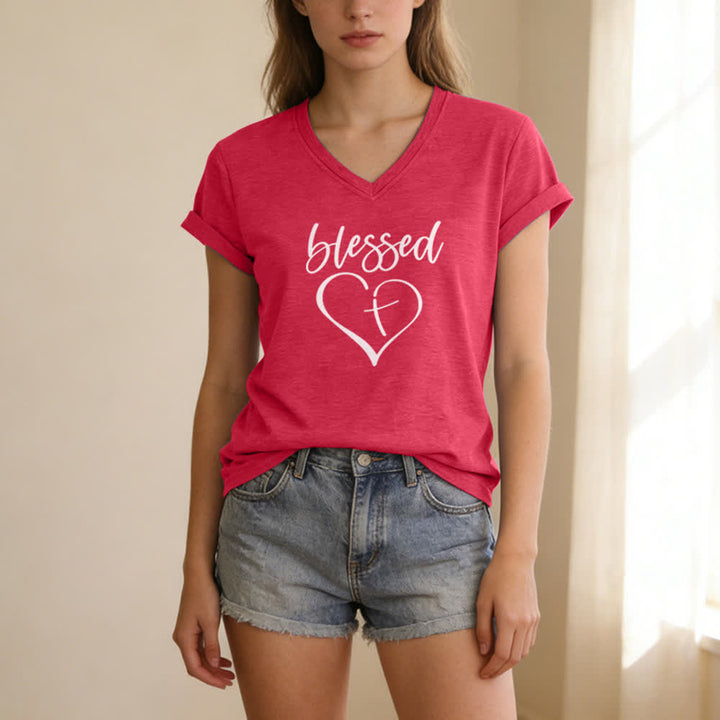 Christianartworkshop Women's Blessed Love Cross Jesus Has My Back Print V-Neck T-shirt - image 21