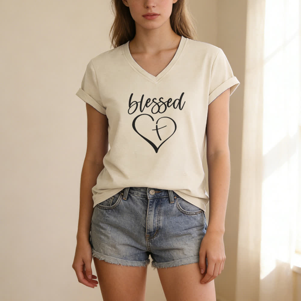 Christianartworkshop Women's Blessed Love Cross Jesus Has My Back Print V-Neck T-shirt - image 1