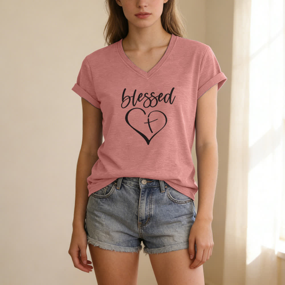 Christianartworkshop Women's Blessed Love Cross Jesus Has My Back Print V-Neck T-shirt - image 19