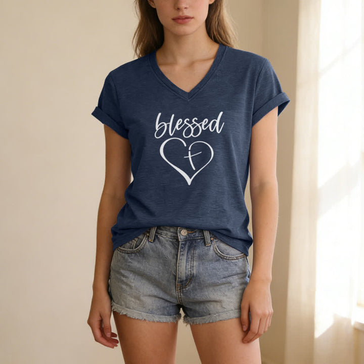 Christianartworkshop Women's Blessed Love Cross Jesus Has My Back Print V-Neck T-shirt - image 17