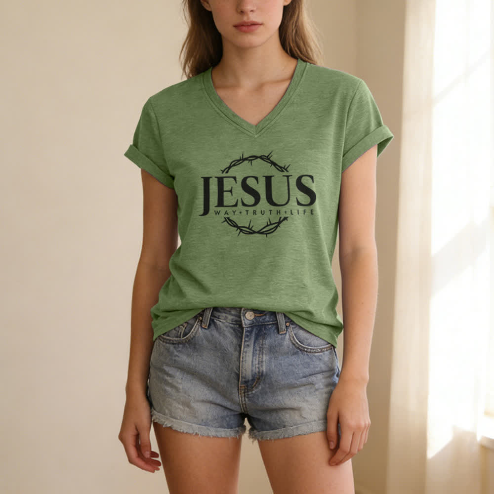 Christianartworkshop Women's Jesus Print Casual Print V-Neck T-shirt - image 11