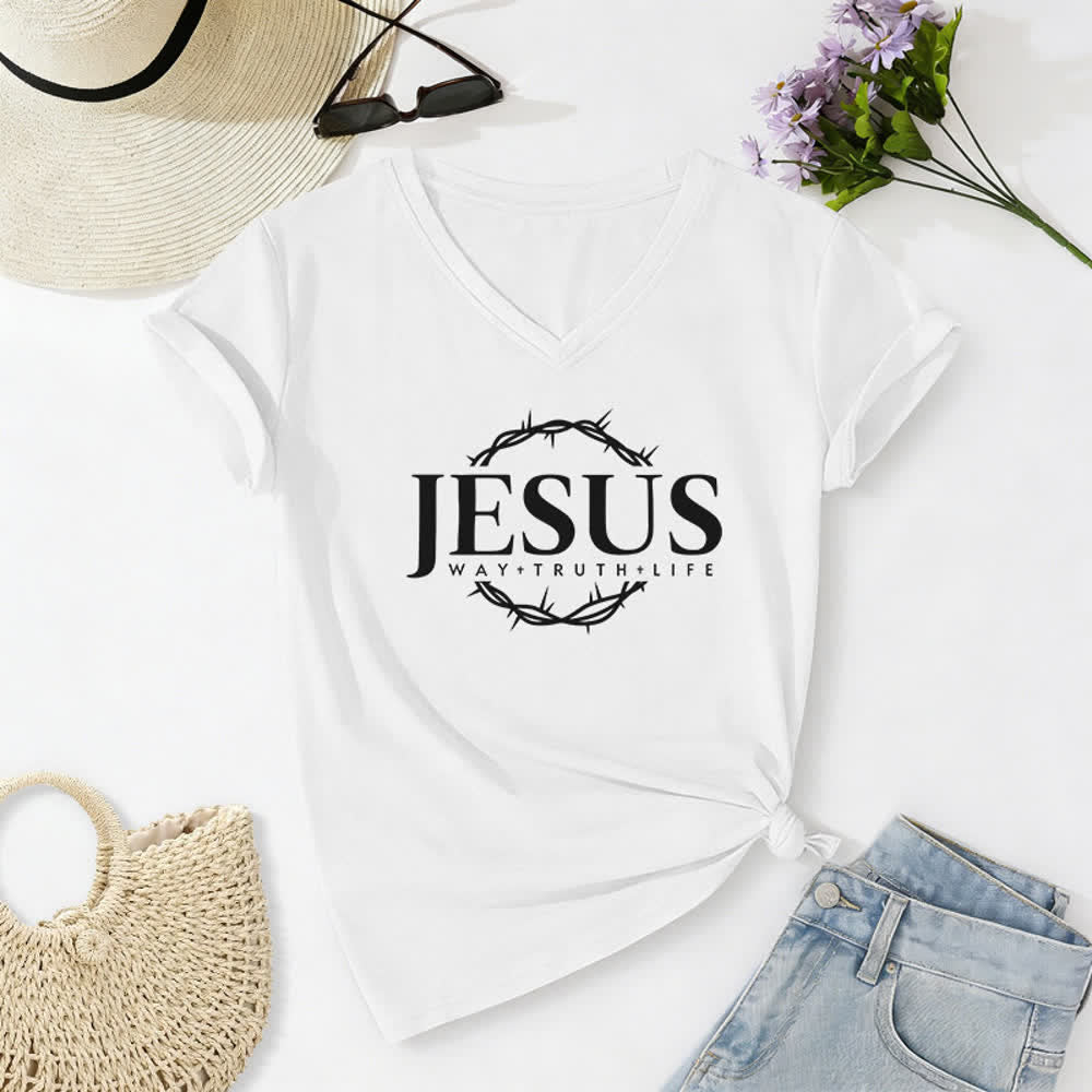 Christianartworkshop Women's Jesus Print Casual Print V-Neck T-shirt - White - 2XL - image 2
