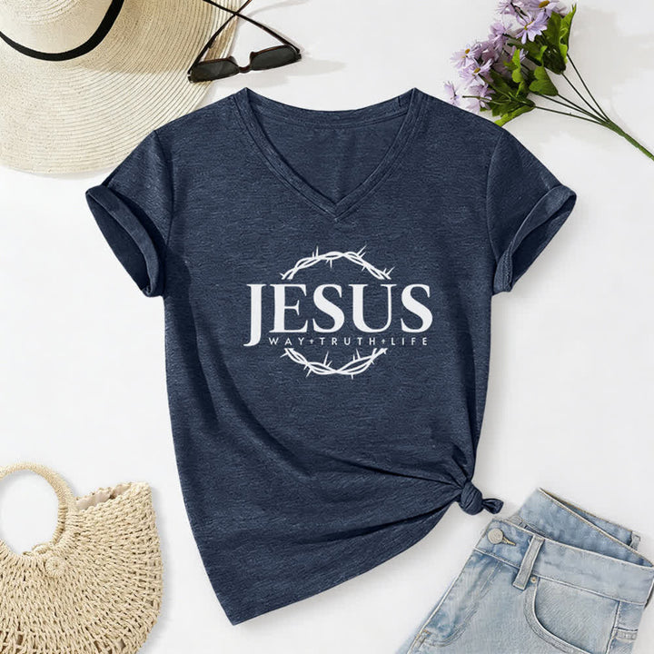 Christianartworkshop Women's Jesus Print Casual Print V-Neck T-shirt - Navy Blue - 2XL - image 16