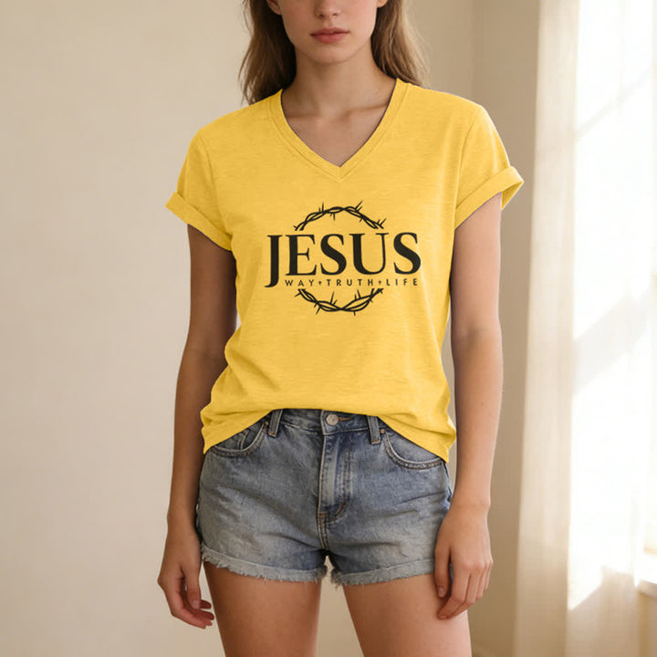 Christianartworkshop Women's Jesus Print Casual Print V-Neck T-shirt - image 9