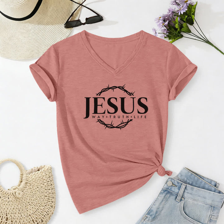 Christianartworkshop Women's Jesus Print Casual Print V-Neck T-shirt - Light Pink - 2XL - image 18