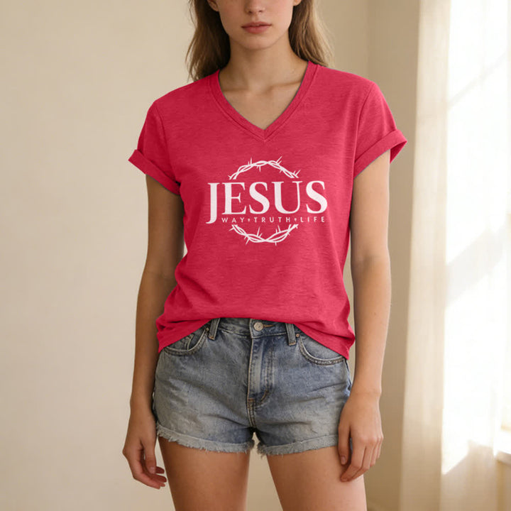 Christianartworkshop Women's Jesus Print Casual Print V-Neck T-shirt - image 21