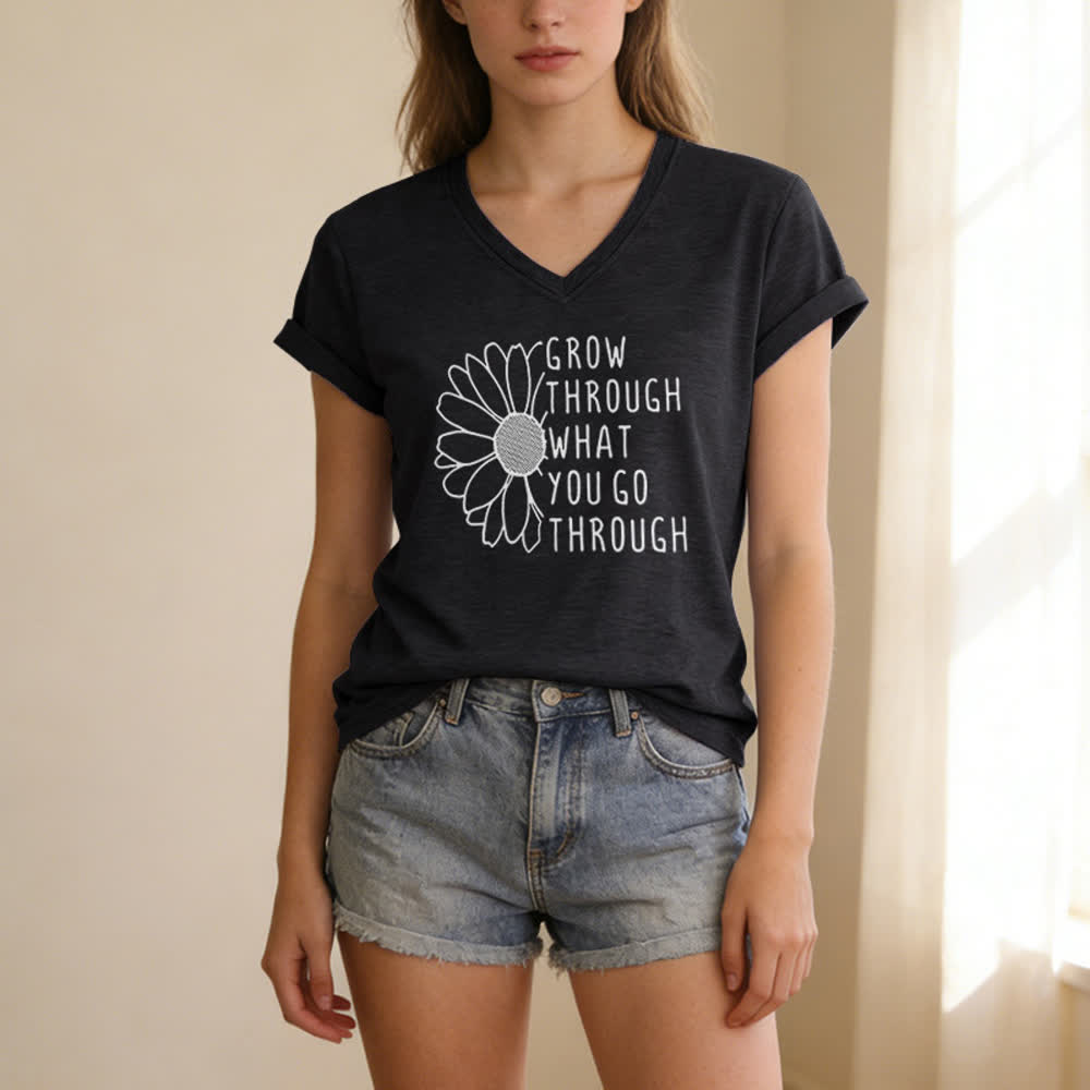 ChristianartworkshopWomen's Grow Through What You Go Through Print V-Neck T-shirt - image 3