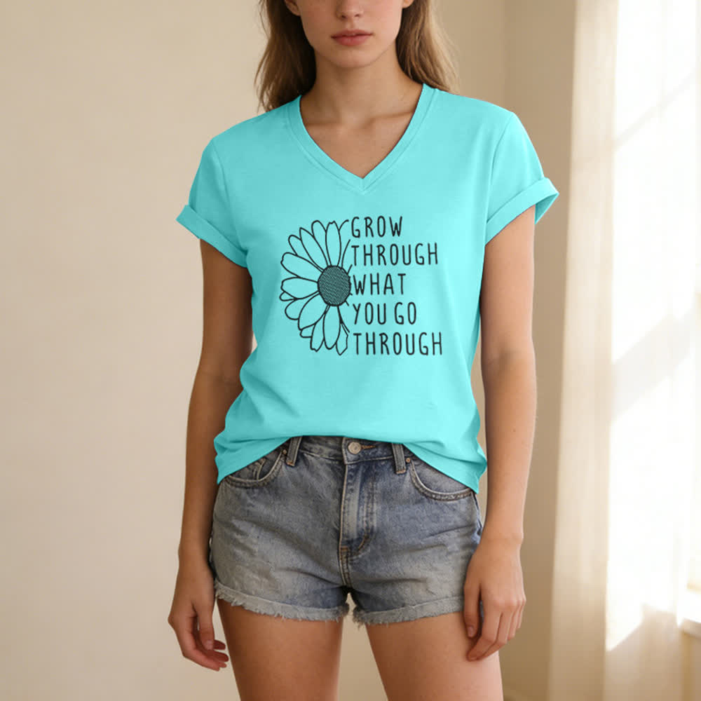 ChristianartworkshopWomen's Grow Through What You Go Through Print V-Neck T-shirt - image 15