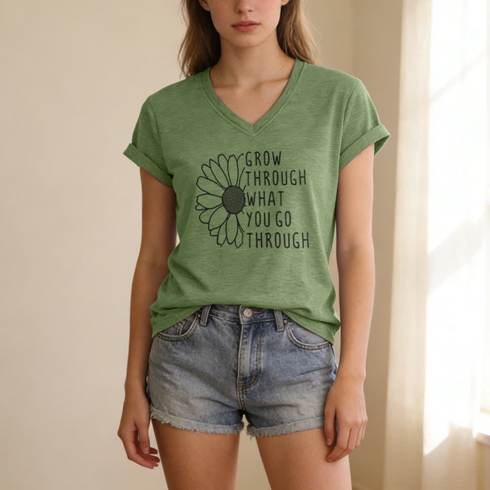 ChristianartworkshopWomen's Grow Through What You Go Through Print V-Neck T-shirt - image 11
