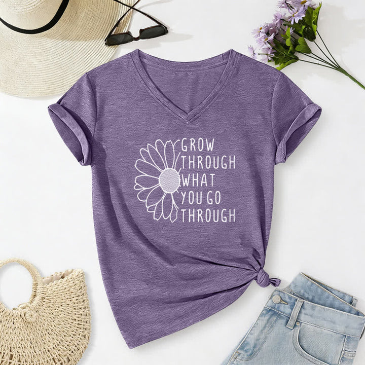 ChristianartworkshopWomen's Grow Through What You Go Through Print V-Neck T-shirt - Purple - 2XL - image 24