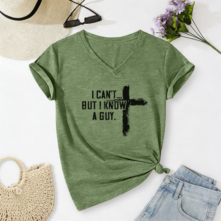 Christianartworkshop Women's I Can't But I Know A Guy Faith Print V-Neck T-shirt - Olive Green - 2XL - image 10