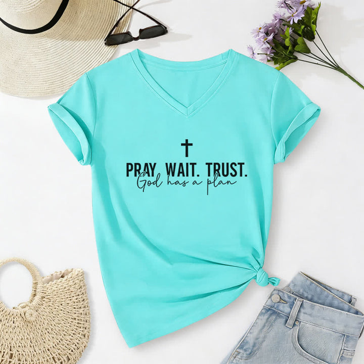 Christianartworkshop Women's Pray Wait Trust God Has a Plan V-Neck T-shirt - Sky Blue - 2XL - image 16