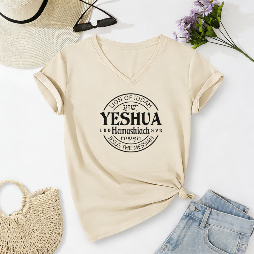 Christianartworkshop Women'S Lion Of Judah Yeshua Printed Casual V-Neck T-shirt - Beige - 2XL - image 8