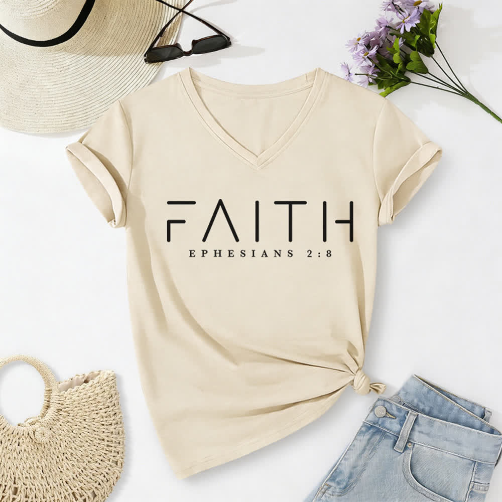 Christianartworkshop Women's Faith Printed Casual V-Neck T-shirt - Beige - 2XL - image 8