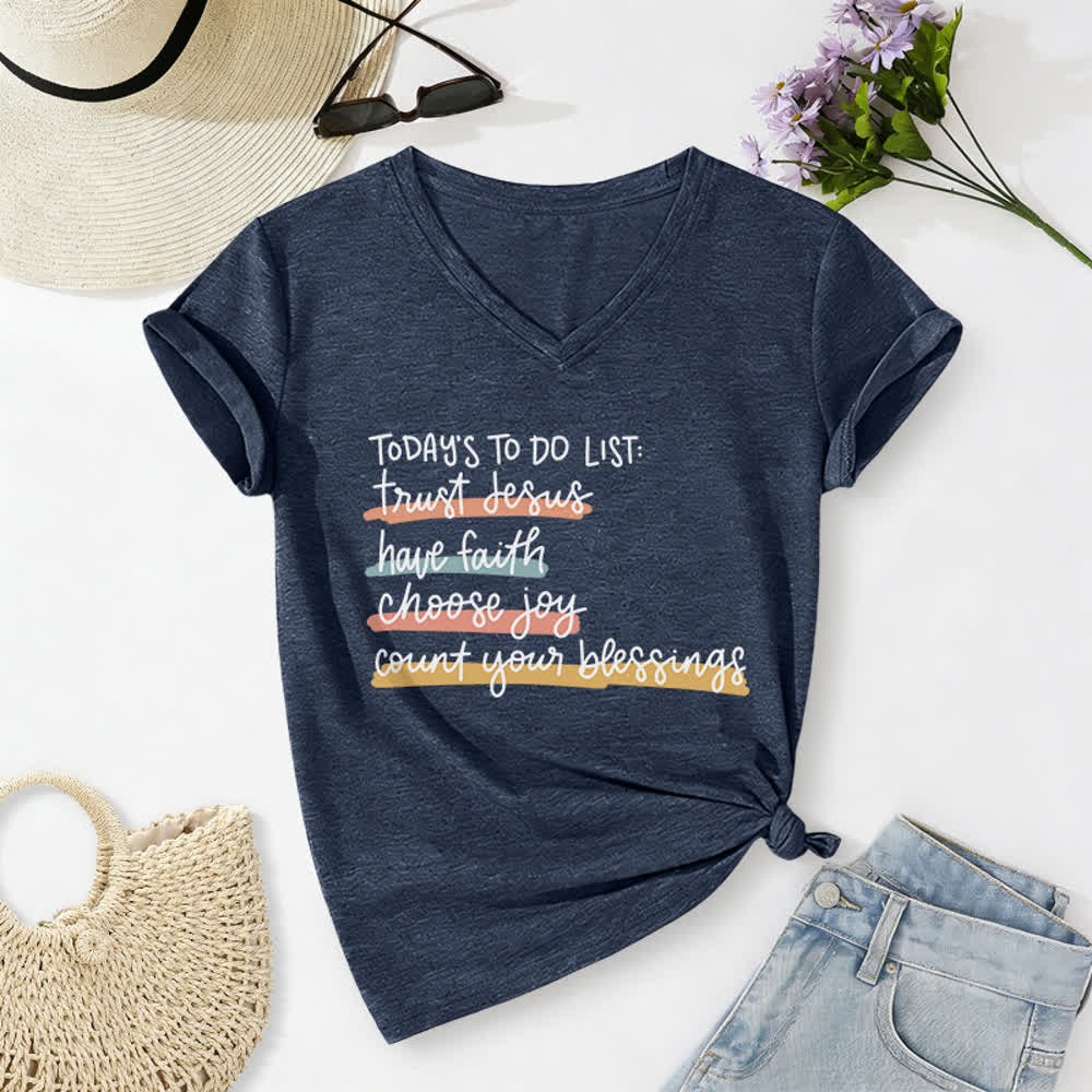 Christianartworkshop Today 's To-Do List Trust Jesus Have Faith Choose Joy Casual V-Neck T-shirt - Navy Blue - 2XL - image 0