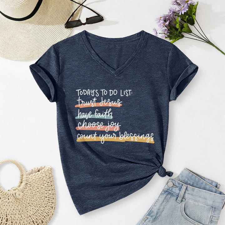 Christianartworkshop Today 's To-Do List Trust Jesus Have Faith Choose Joy Casual V-Neck T-shirt - Navy Blue - 2XL - image 0
