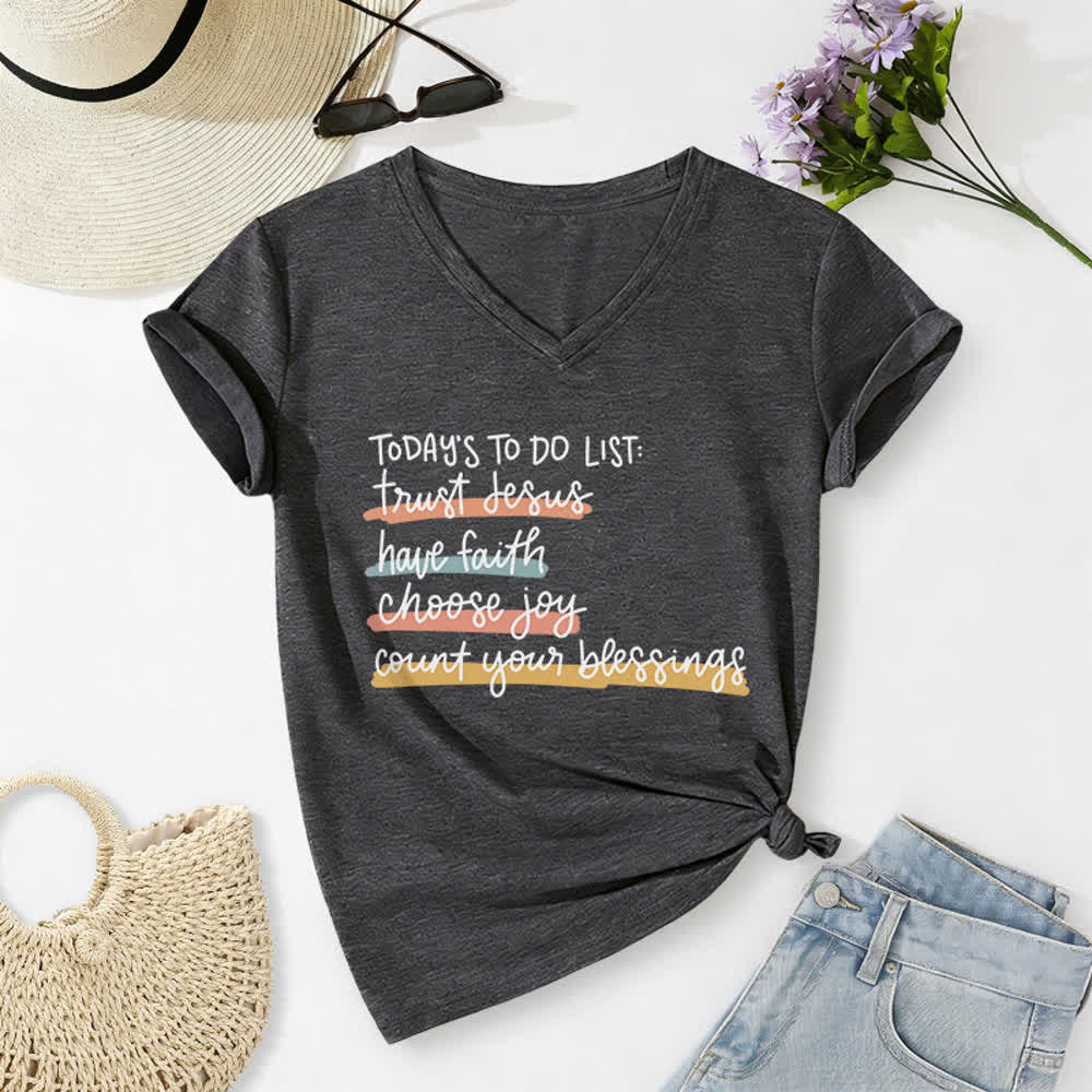 Christianartworkshop Today 's To-Do List Trust Jesus Have Faith Choose Joy Casual V-Neck T-shirt - Dark Grey - 2XL - image 6