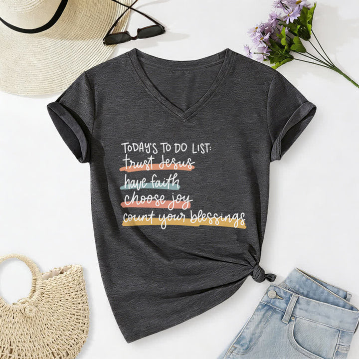 Christianartworkshop Today 's To-Do List Trust Jesus Have Faith Choose Joy Casual V-Neck T-shirt - Dark Grey - 2XL - image 6