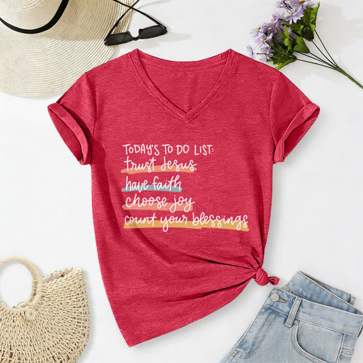 Christianartworkshop Today 's To-Do List Trust Jesus Have Faith Choose Joy Casual V-Neck T-shirt - Red - 2XL - image 20