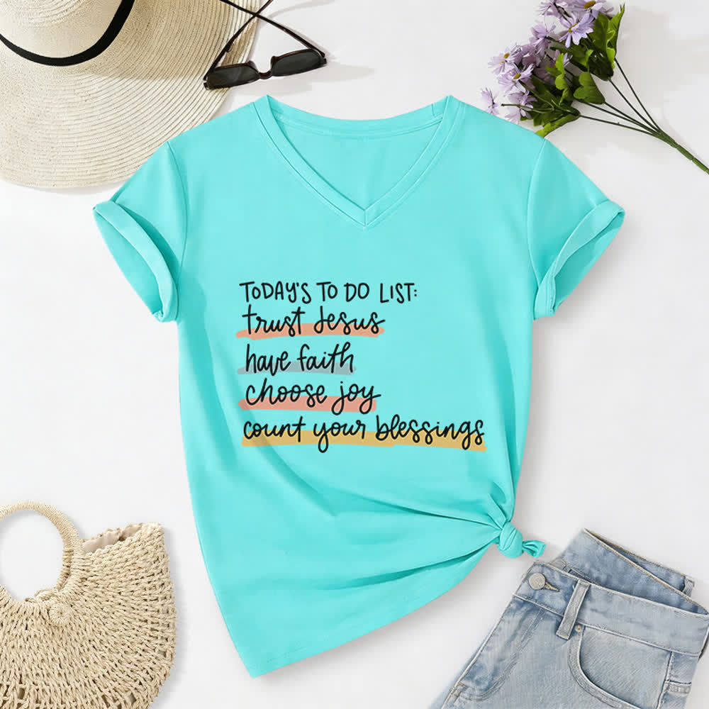 Christianartworkshop Today 's To-Do List Trust Jesus Have Faith Choose Joy Casual V-Neck T-shirt - Sky Blue - 2XL - image 16