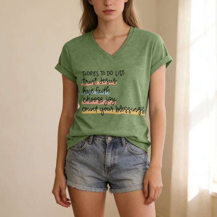 Christianartworkshop Today 's To-Do List Trust Jesus Have Faith Choose Joy Casual V-Neck T-shirt - image 13