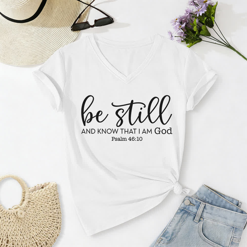 Christianartworkshop Women's Be Still And Know That I Am God Casual V-neck T-shirt - White - 2XL - image 4