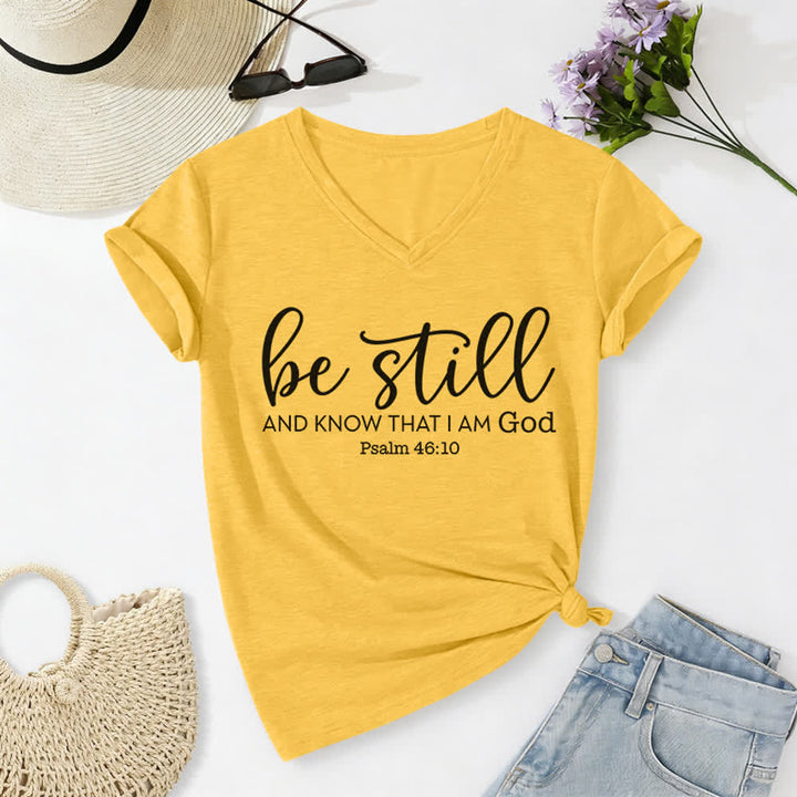 Christianartworkshop Women's Be Still And Know That I Am God Casual V-neck T-shirt - Yellow - 2XL - image 0
