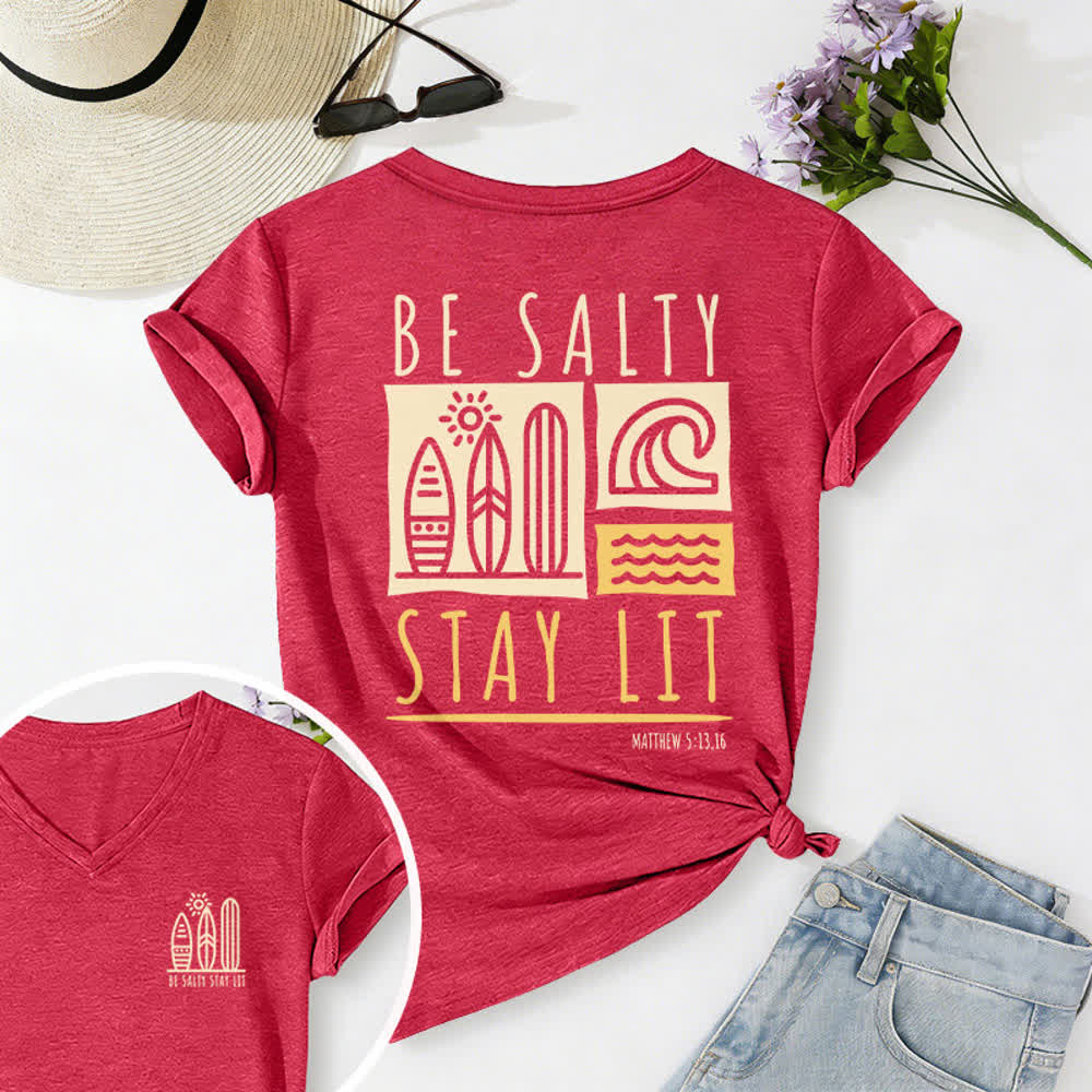 Christianartworkshop Women's Be Salty Stay Lit Printed Casual V-neck T-shirt - Red - 2XL - image 50