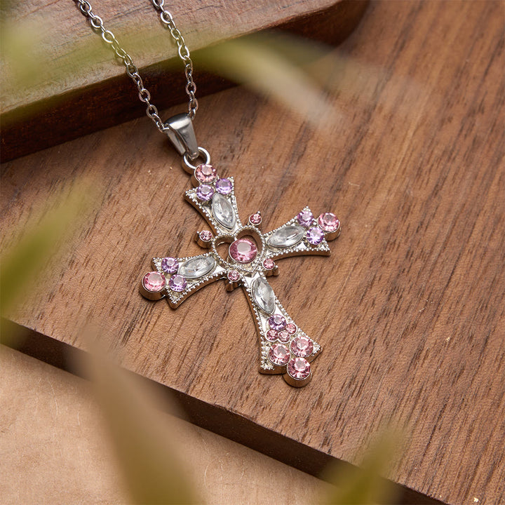 Christianartworkshop Pink & Purple Tone Zircon Cross Necklace with Heart Accent: A Dazzling Symbol of Love and Devotion - image 6