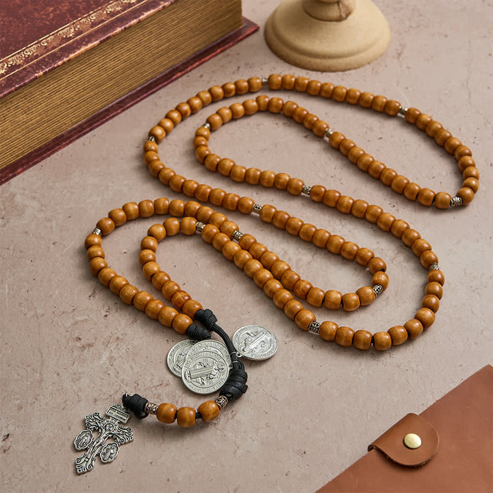 Christianartworkshop Traditional Rustic Wood 5/15/20 Decade Prayer Rosary with St. Benedict Medal & Crucifix - image 4