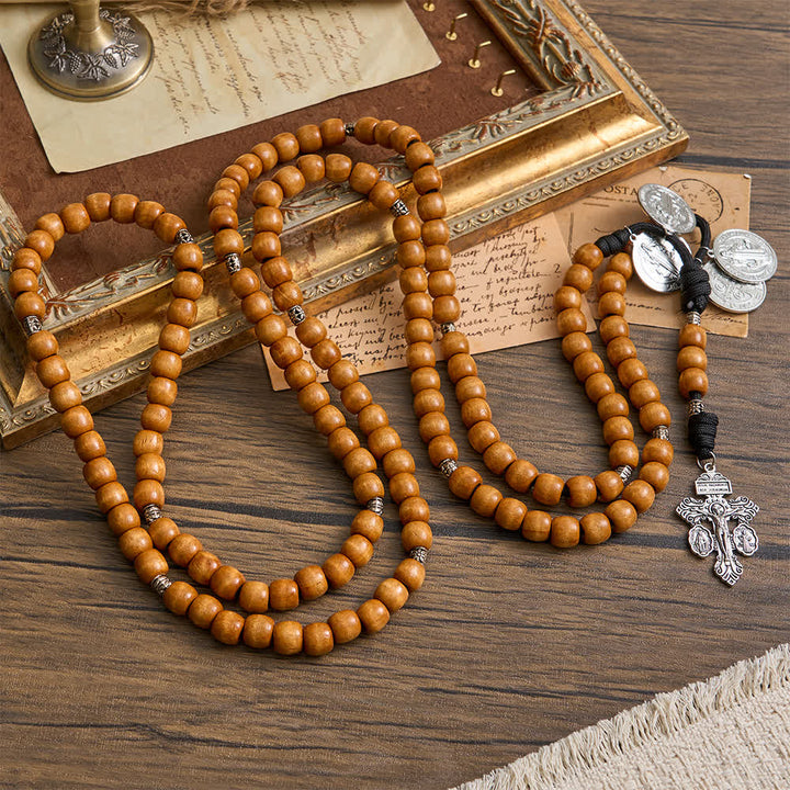 Christianartworkshop Traditional Rustic Wood 5/15/20 Decade Prayer Rosary with St. Benedict Medal & Crucifix - image 7