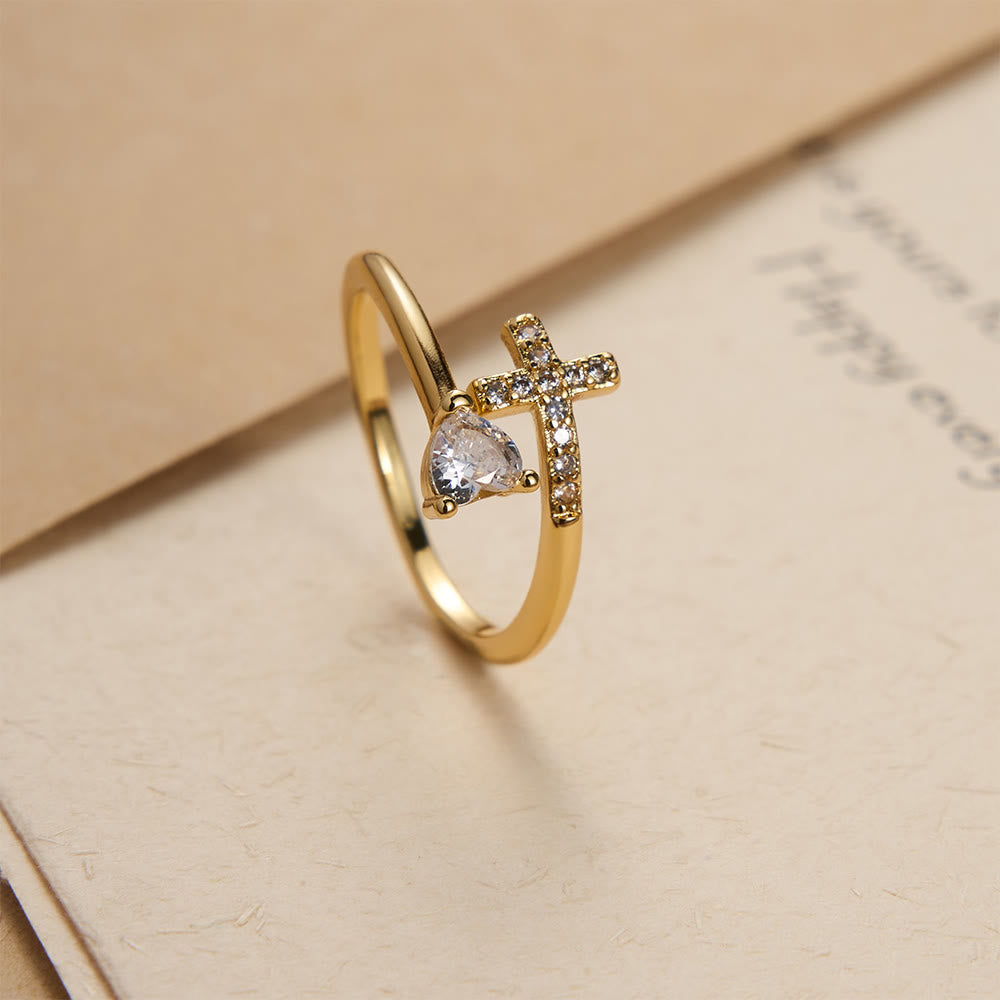 Christianartworkshop Two-Color Adjustable Ring with Paved Cross & Heart Zircon Accents: A Reminder of Sacred Grace - Golden(Suitable for US Sizes 9-12) - image 0