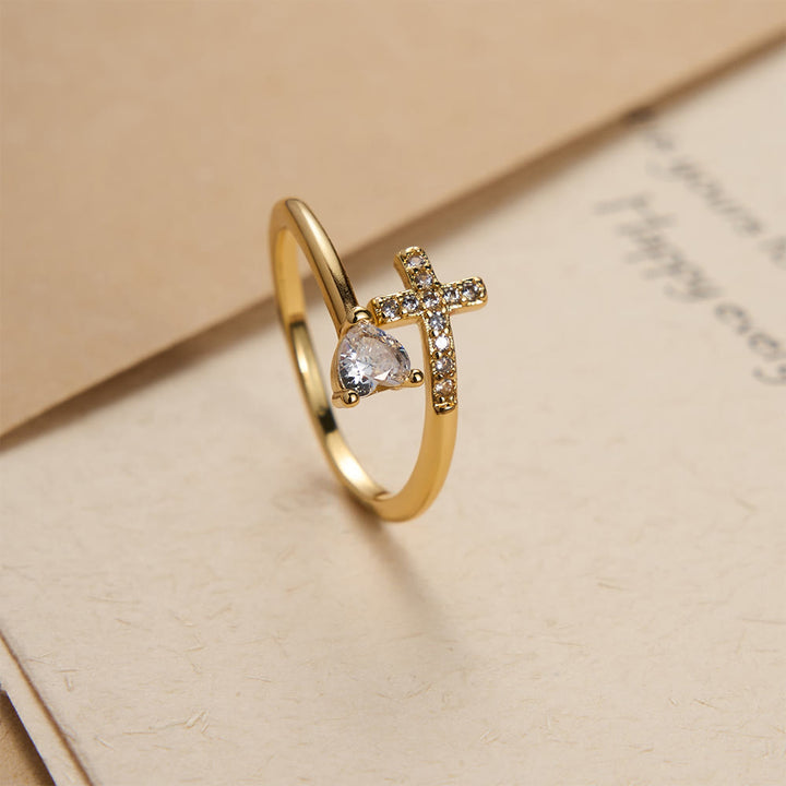 Christianartworkshop Two-Color Adjustable Ring with Paved Cross & Heart Zircon Accents: A Reminder of Sacred Grace - Golden(Suitable for US Sizes 9-12) - image 5