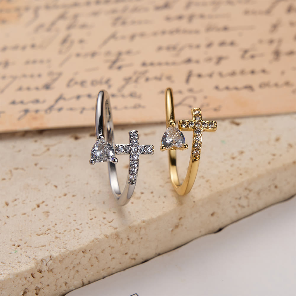 Christianartworkshop Two-Color Adjustable Ring with Paved Cross & Heart Zircon Accents: A Reminder of Sacred Grace - image 1