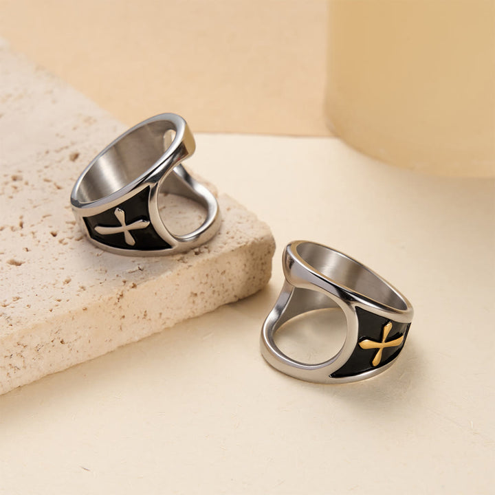 Christianartworkshop Classic Cross Bottle Opener Ring with Two-Tone Options and Open Band Design: A Timeless Emblem of Devotion - image 0