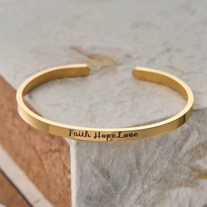 Christianartworkshop Faith Hope Love Engraved Adjustable Cuff Bangle: A Symbol of Divine Virtues - Golden - image 2