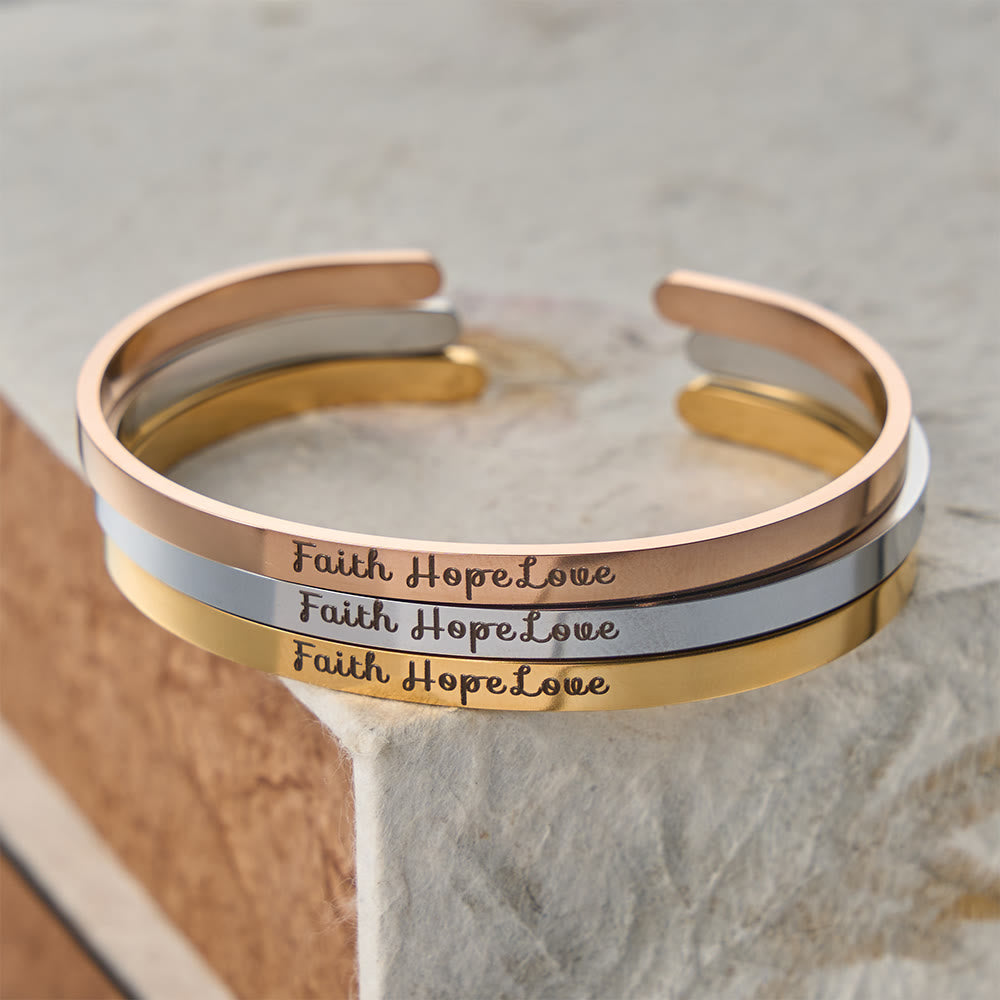 Christianartworkshop Faith Hope Love Engraved Adjustable Cuff Bangle: A Symbol of Divine Virtues - image 1