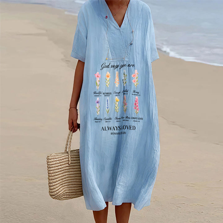 Christianartworkshop God Says You Are Always Loved Floral V-Neck Short Sleeve Midi Dress - Blue - 4XL - image 2